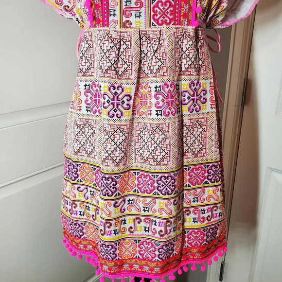 Pink Boho Thai Dress One Size Midi Tie Sides Embroidered Multi Color - Picture 13 of 16
